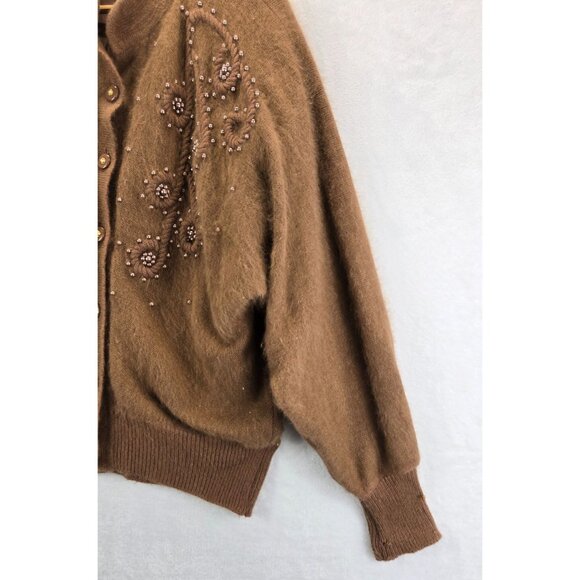 Coco Brown Fuzzy Wool Sweater Cardigan Vtg 80s M Belldini Pearl Beads Angora - Picture 5 of 15